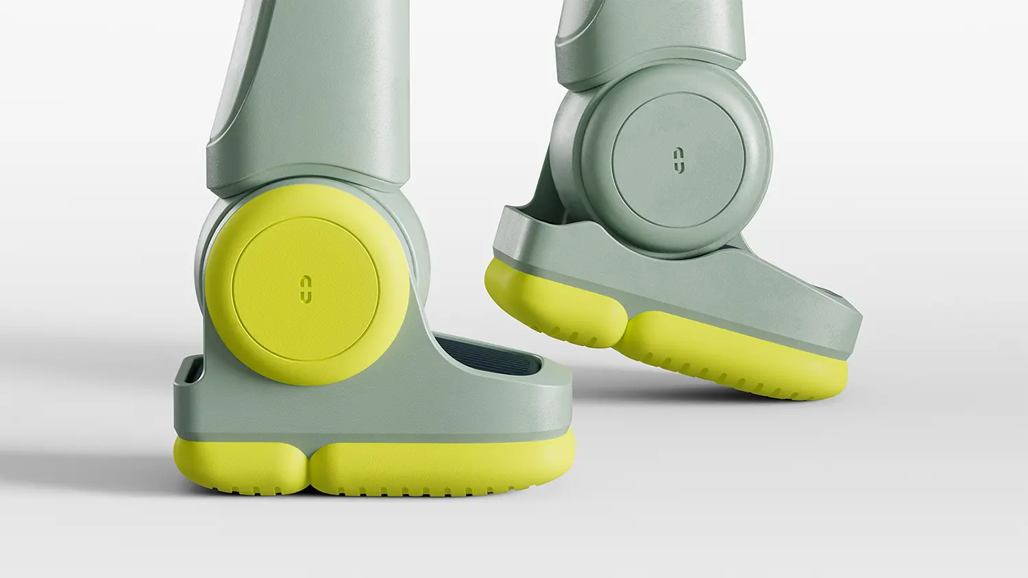 Fauna Robotics Sprout humanoid robot feet detail render, mint-green ankle joints, yellow-green rubber soles, Fauna logo embossed on ankle disc