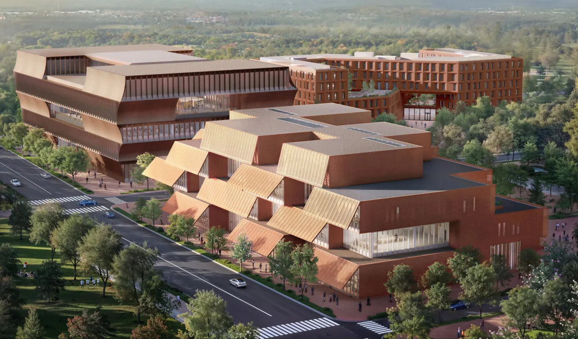 BIG STEM university Bentonville aerial view three buildings Corten steel copper red cement Arkansas