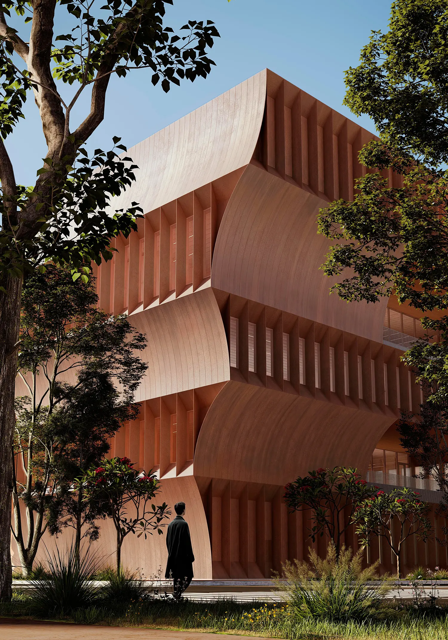 BIG STEM university Bentonville academic building curved copper facade close-up vertical