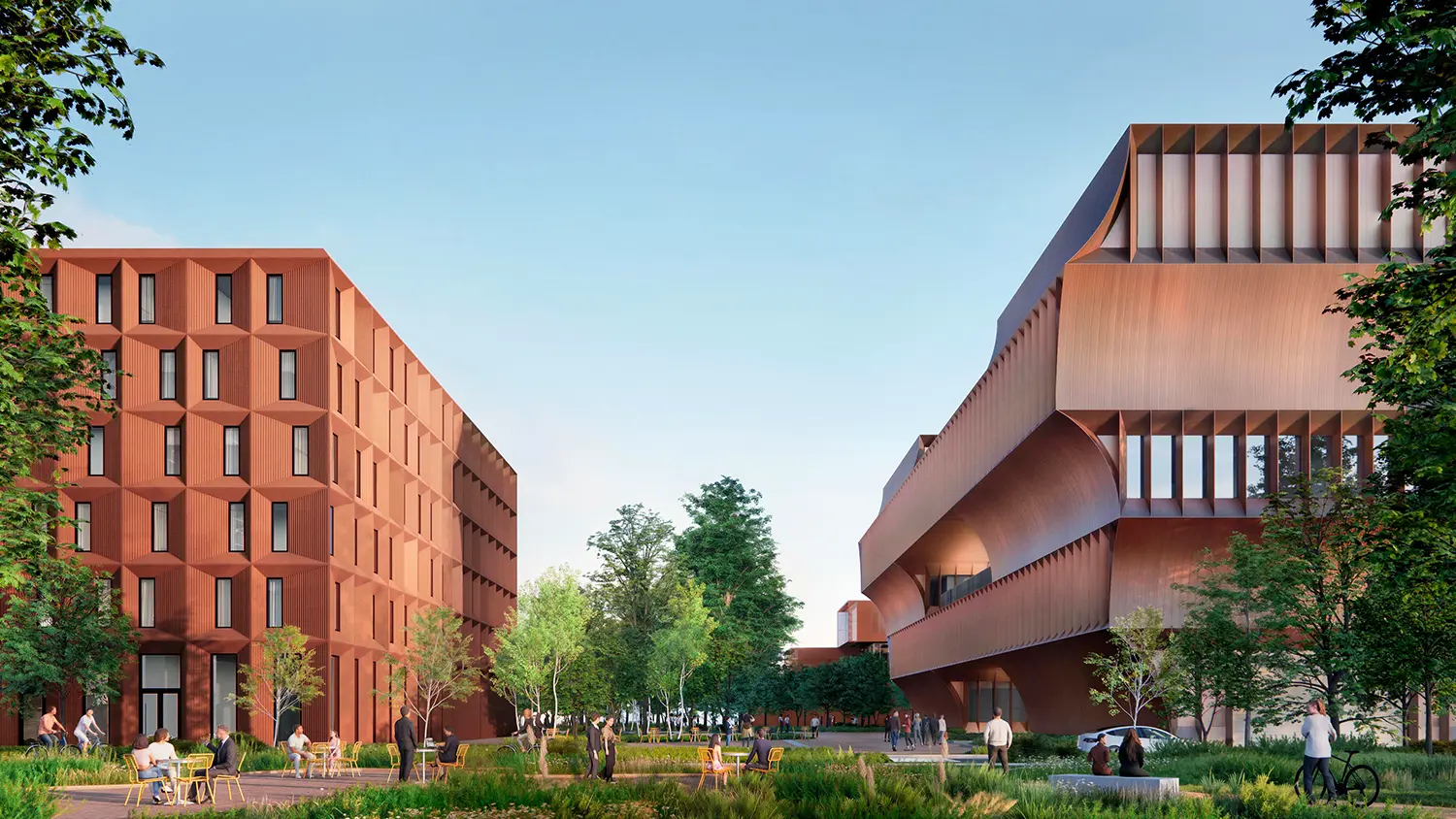 BIG STEM university Bentonville residence hall red cement panels academic building copper facade garden