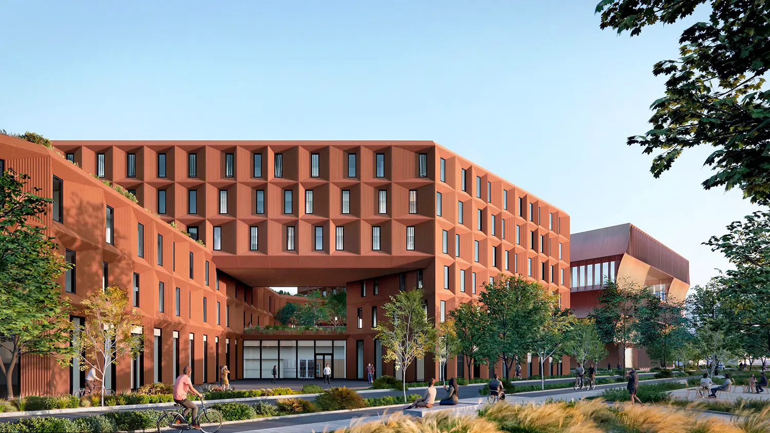 BIG STEM university Bentonville student residence building red cement panels figure-eight courtyard entry