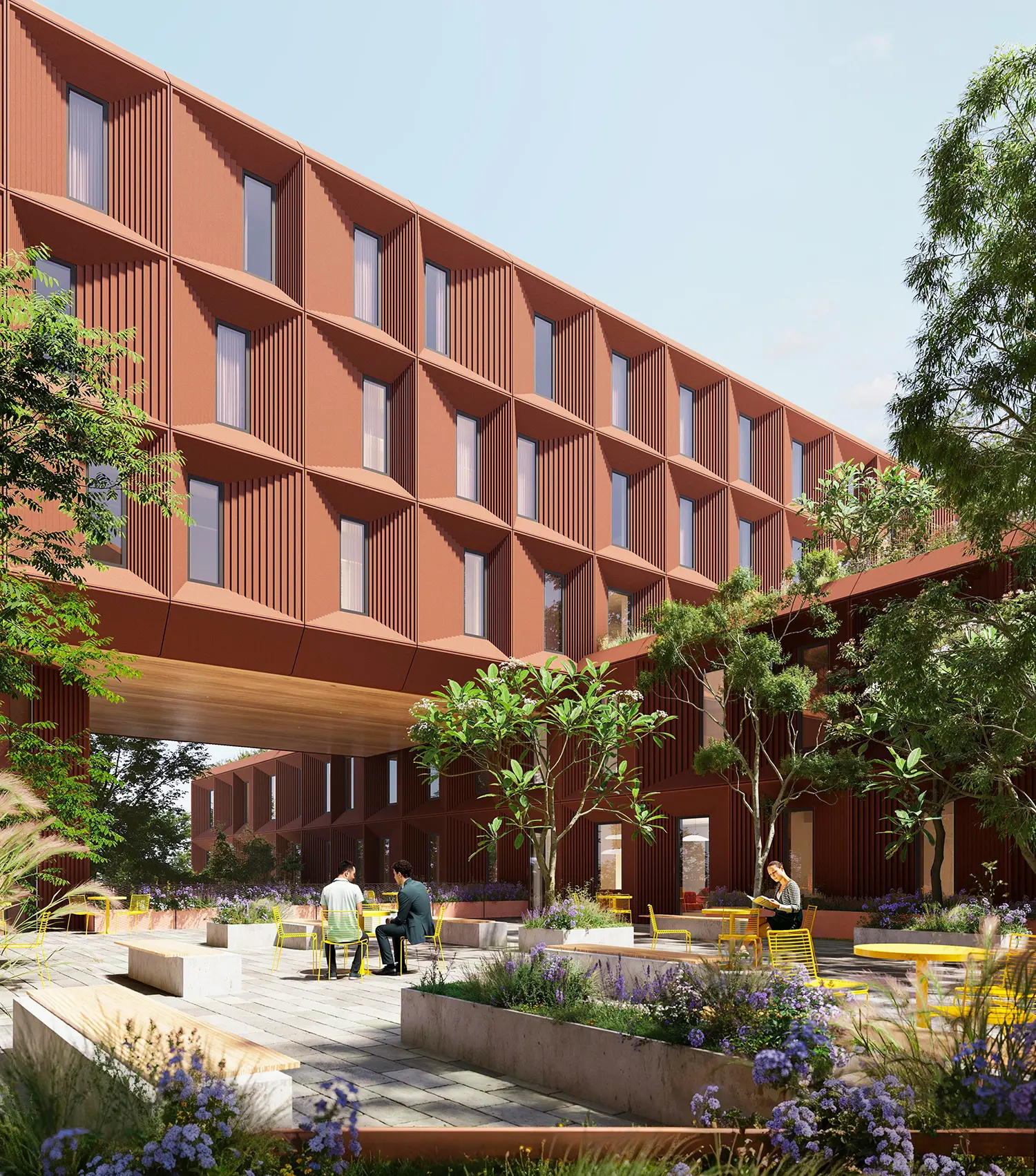 BIG STEM university Bentonville student residence courtyard garden seating red cement panels