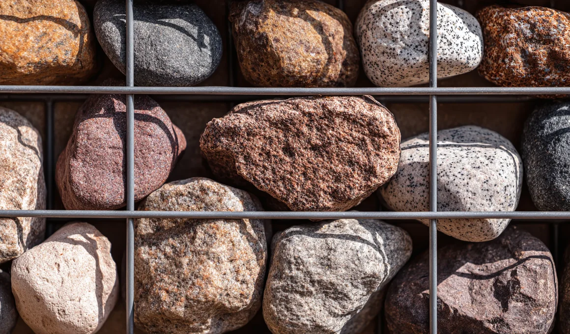 Close-up detail of gabion cage filled with multicoloured natural stone, wire mesh grid visible