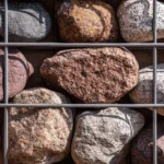 Close-up detail of gabion cage filled with multicoloured natural stone, wire mesh grid visible