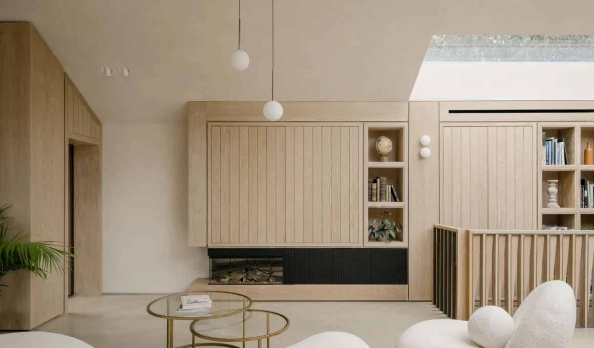 Green Lodge by Stylus Architects, living room, oak joinery fireplace wall, polished concrete floor, globe pendants, rooflight