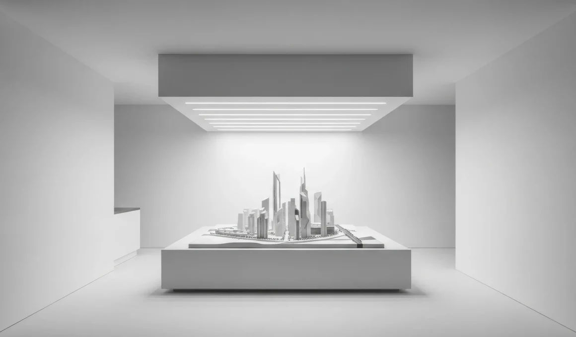 architectural masterplan scale model white presentation room zenithal light residential development