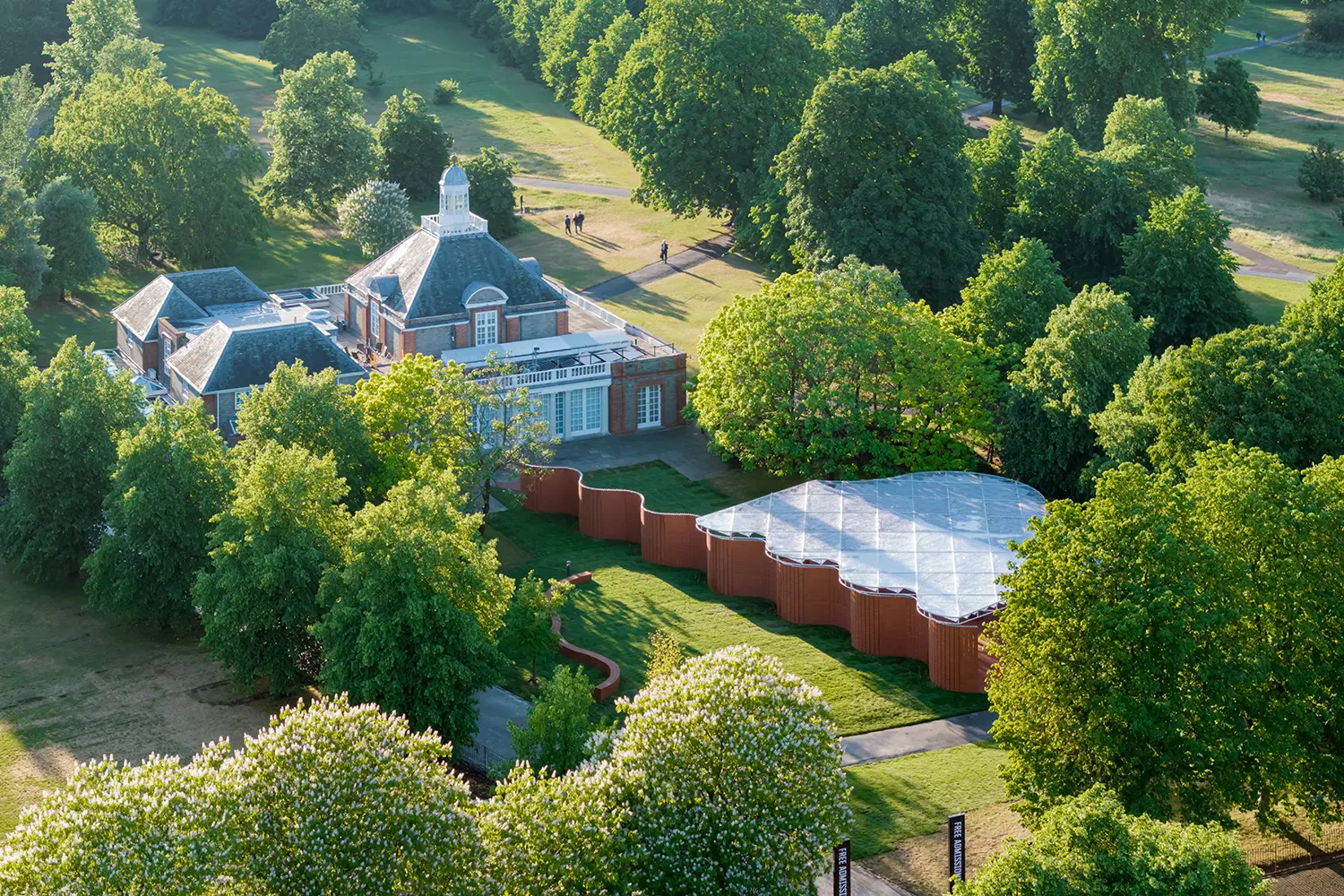 Serpentine Pavilion 2026 by LANZA atelier aerial view crinkle-crankle wall translucent roof Serpentine South Kensington Gardens
