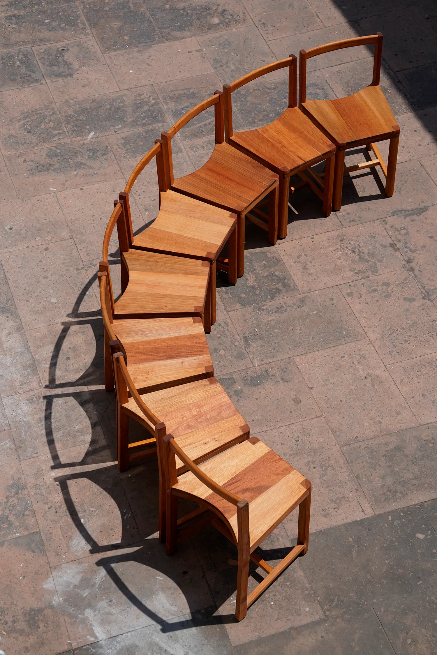 LANZA atelier sapele hardwood chairs and stools Serpentine Pavilion 2026 overhead view
