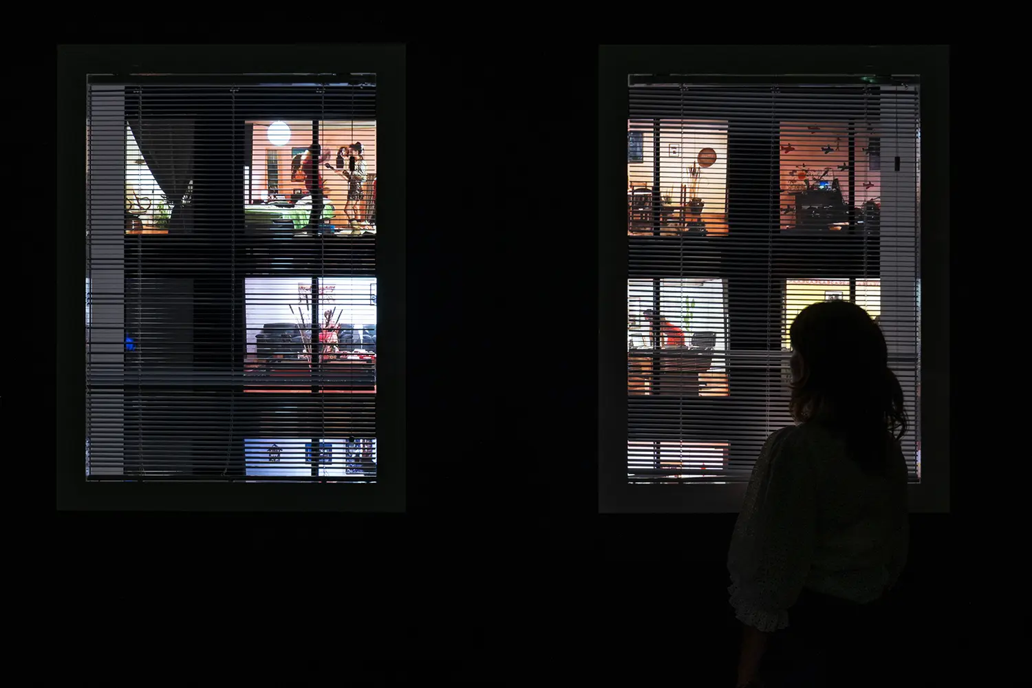 Leandro Erlich Documentation Room Grand Palais Paris, Swimming Pool mural left wall, scale models on black plinths, archival photographs displayed