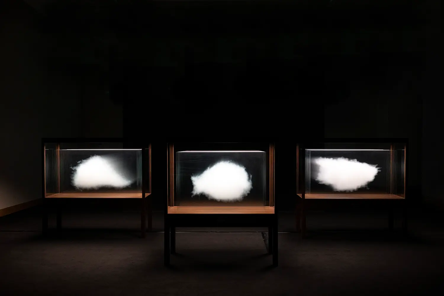 Leandro Erlich The Cloud installation Grand Palais Paris, three wood-framed glass cases in darkness each containing suspended white cloud formation