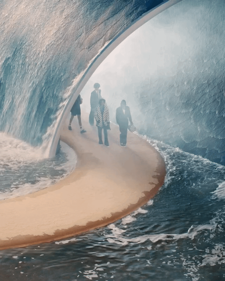 Louis Vuitton SS27 Pharrell Williams models barrel wave mist sand runway GIF Paris Fashion Week 2026