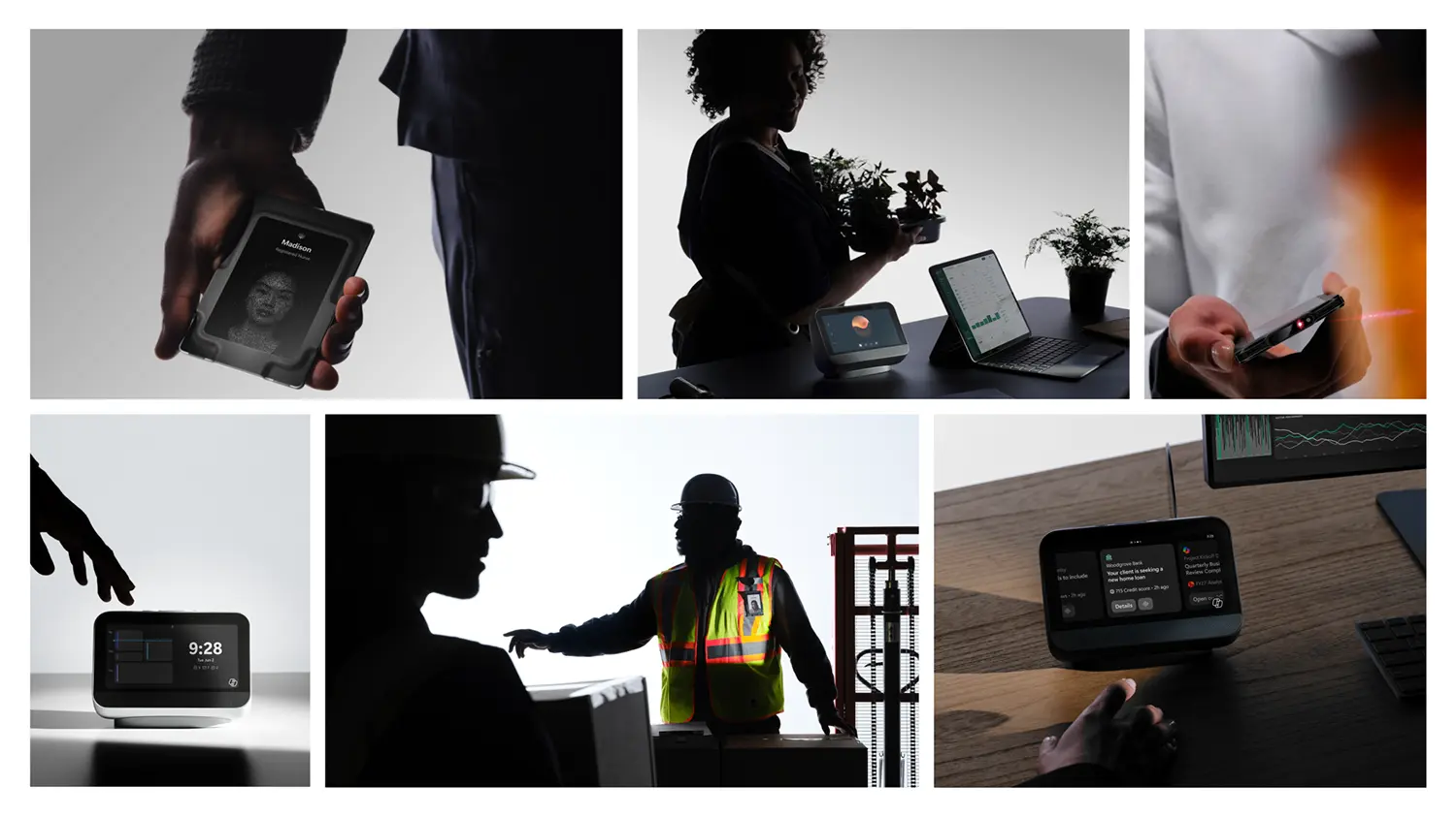 Microsoft Project Solara badge device concept use cases nurse healthcare worker construction site desk companion collage