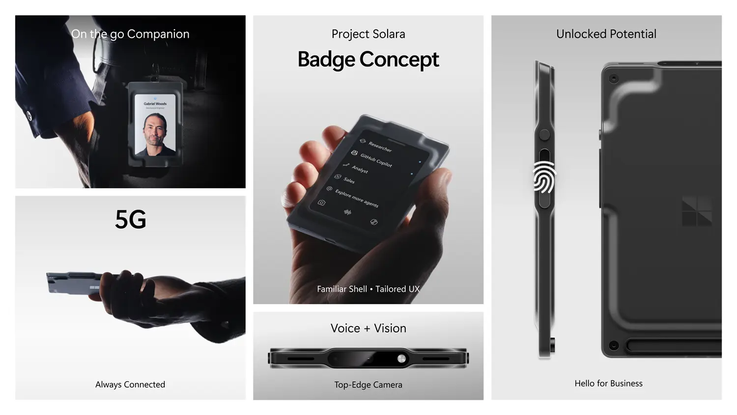Microsoft Project Solara badge concept device familiar shell tailored UX fingerprint sensor 5G voice vision camera specs