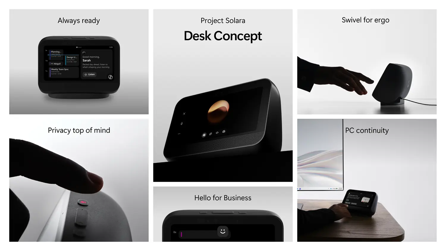 Microsoft Project Solara desk concept device touchscreen swivel privacy button Hello for Business face authentication PC continuity