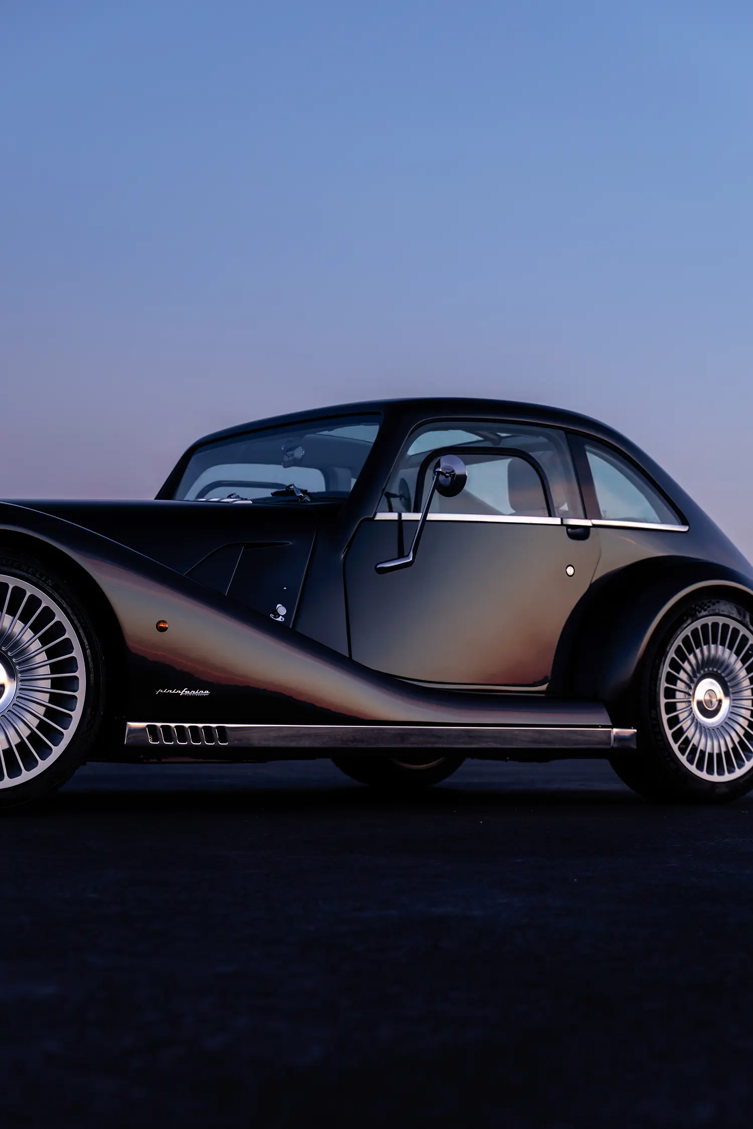 Morgan Midsummer Coupé Pininfarina Fuoriserie badge side profile dusk polished stainless steel