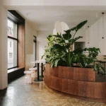 Interior of Napar café in Toruń by Znamy się, curved wooden seating volume with lush greenery beneath round white pendant lights, terrazzo stools