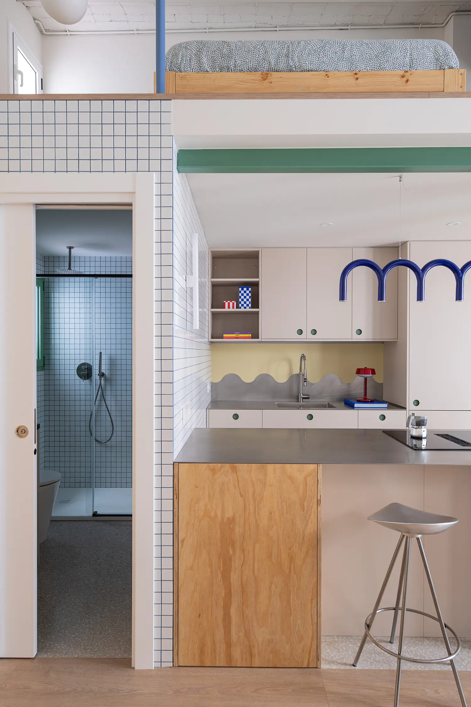 Not a Studio Monterols Barcelona kitchen bathroom mezzanine phenolic plywood CE.SI. white mosaic tile stainless steel