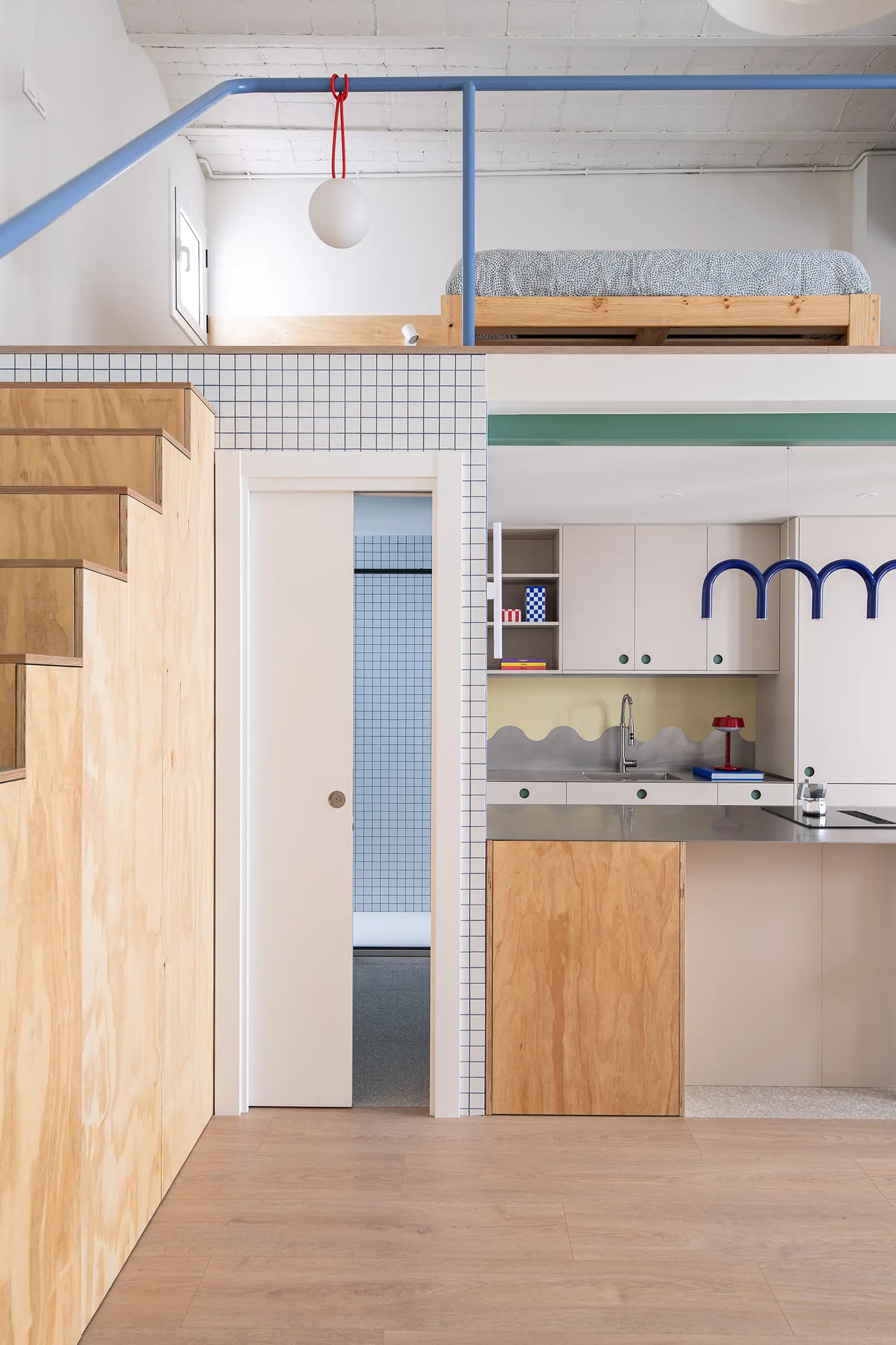 Not a Studio Monterols Barcelona phenolic plywood staircase mezzanine bathroom kitchen single volume overview