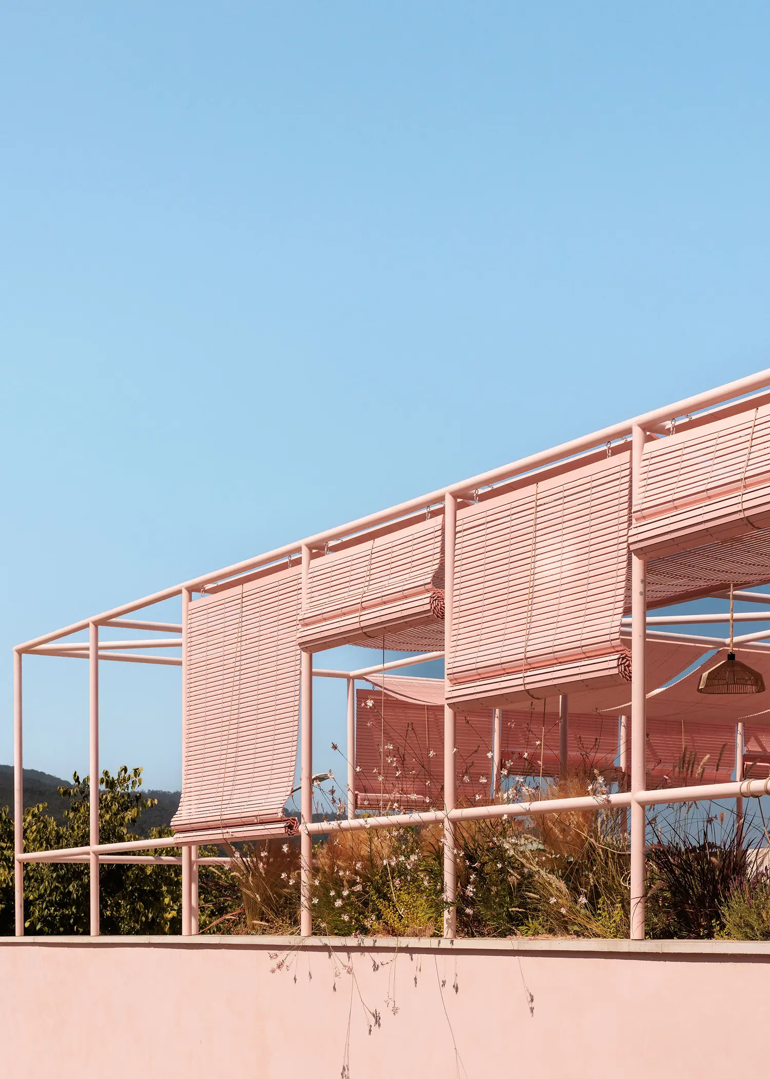 Casa Galamares atelier RUA Sintra pink pergola roll-up reed blinds steel frame Serra de Sintra landscape vegetation