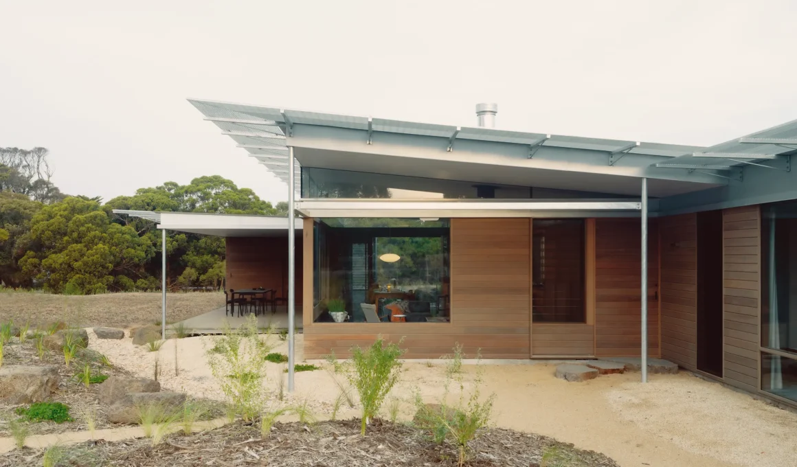 Ironbark House Not All Architecture Victoria galvanized steel ventilated roof ironbark timber cladding modular pavilion coastal landscape