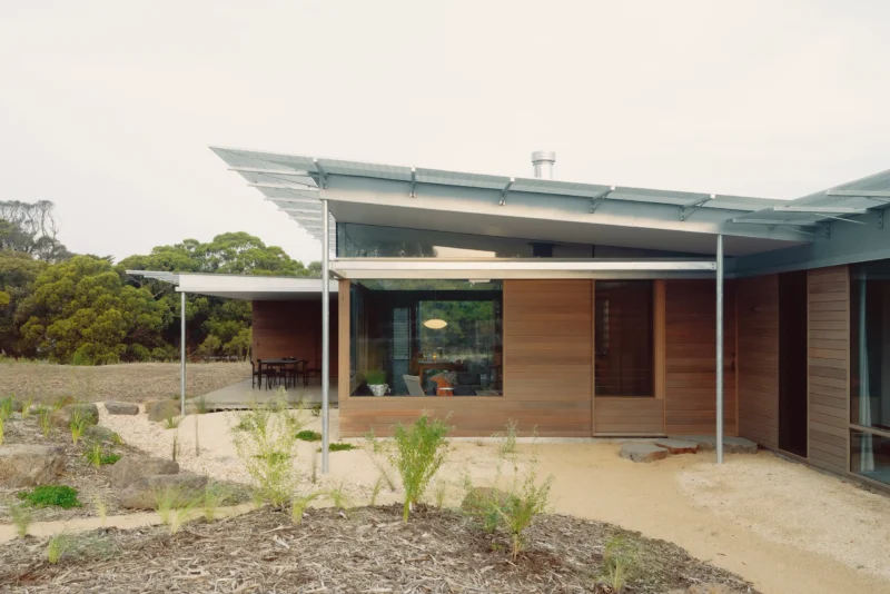 Ironbark House Not All Architecture Victoria galvanized steel ventilated roof ironbark timber cladding modular pavilion coastal landscape