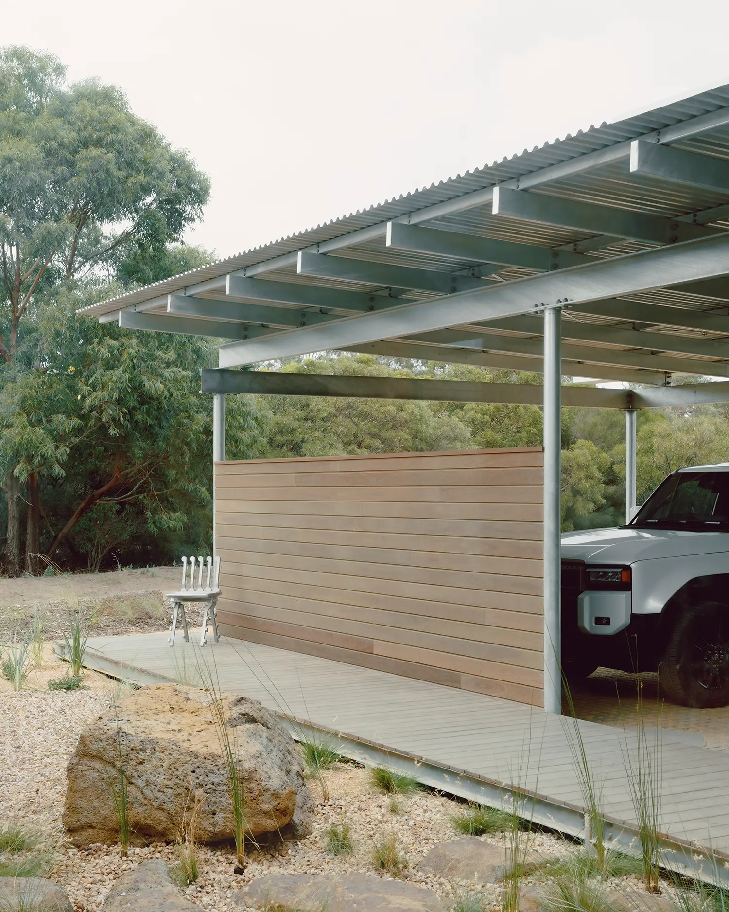 Ironbark House Not All Architecture galvanized steel roof canopy ironbark timber horizontal cladding gravel landscape coastal scrub Victoria