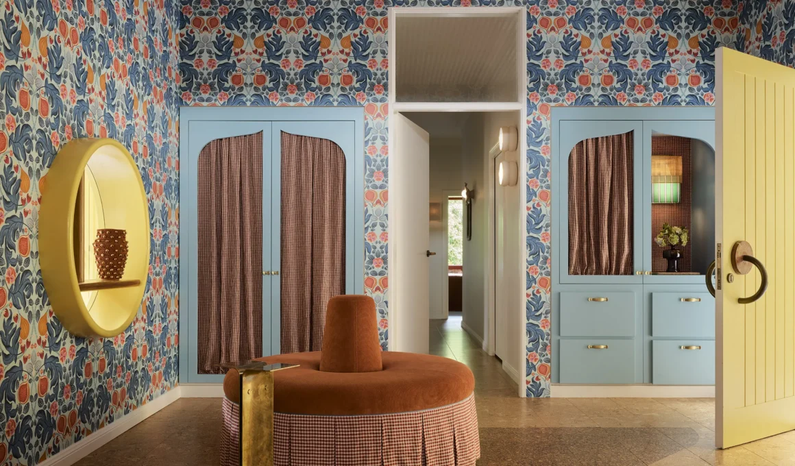 Plantasia YSG Studio New South Wales holiday home parlour floral wallpaper blue joinery gingham curtains cork floor yellow door