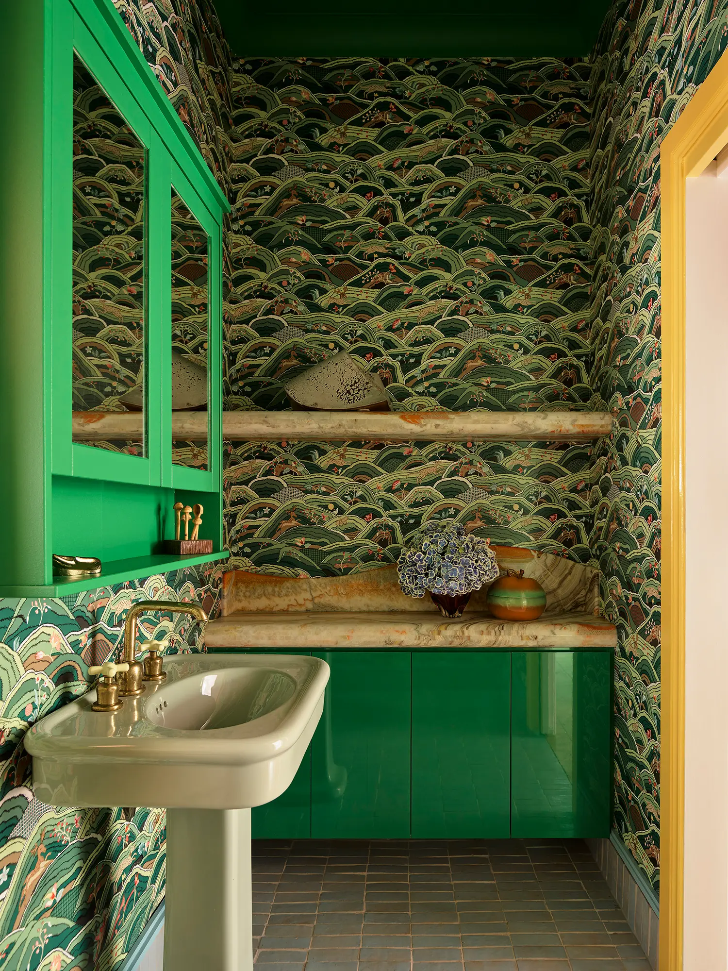 Plantasia YSG Studio New South Wales powder room green onyx shelving landscape wallpaper pedestal sink brass taps