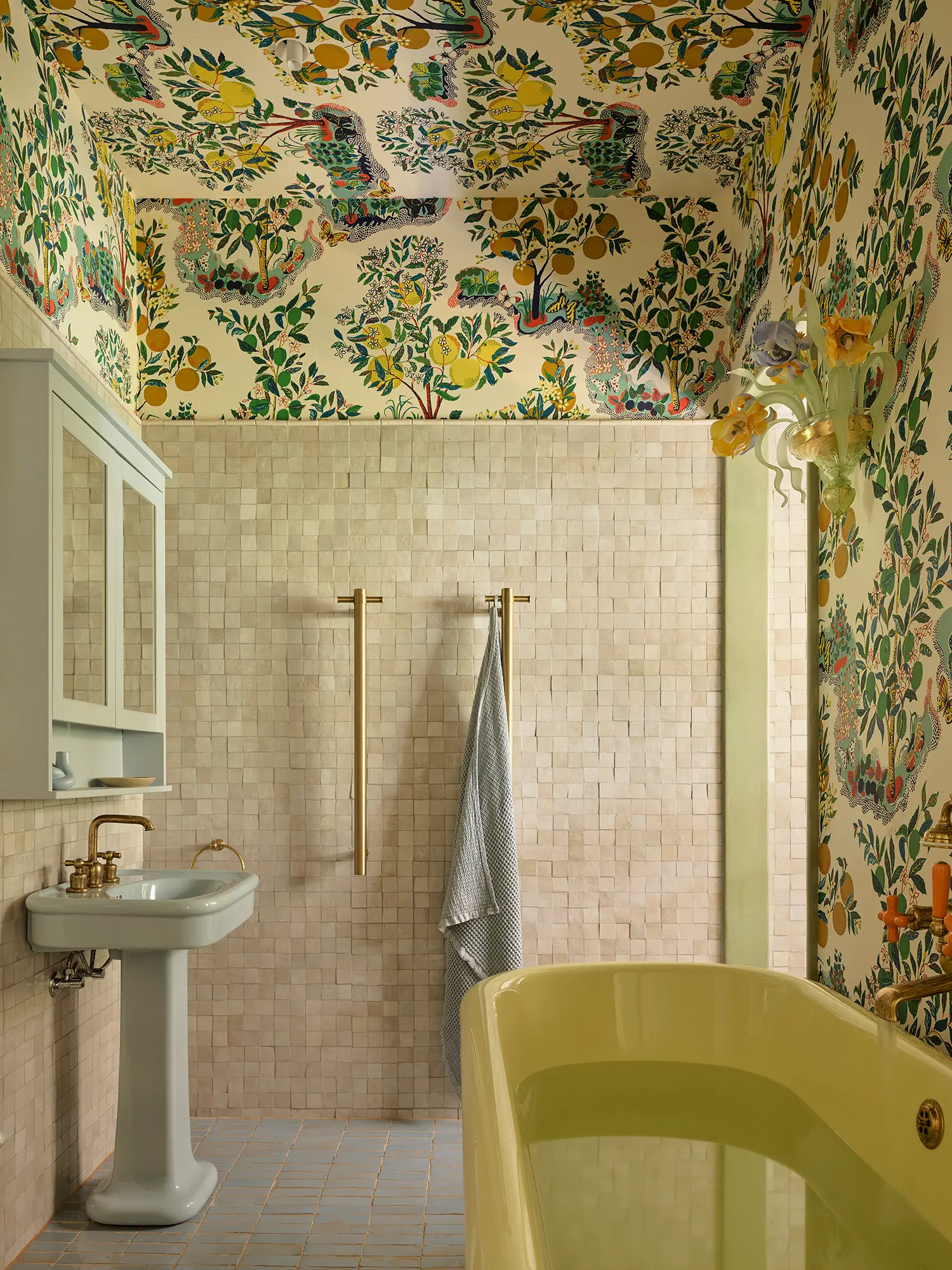 Plantasia YSG Studio New South Wales main bathroom sherbet yellow Rockwell tub citrus canopy wallpaper cream Zellige tile brass fittings