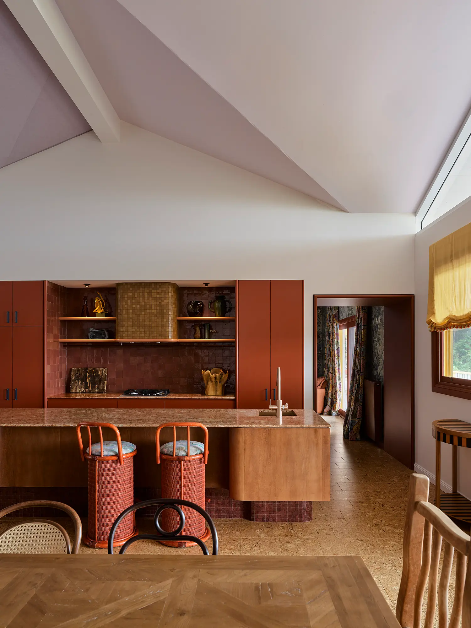 Plantasia YSG Studio New South Wales kitchen amoebic timber island Rosso Asiago marble rattan stools terracotta joinery cork floor