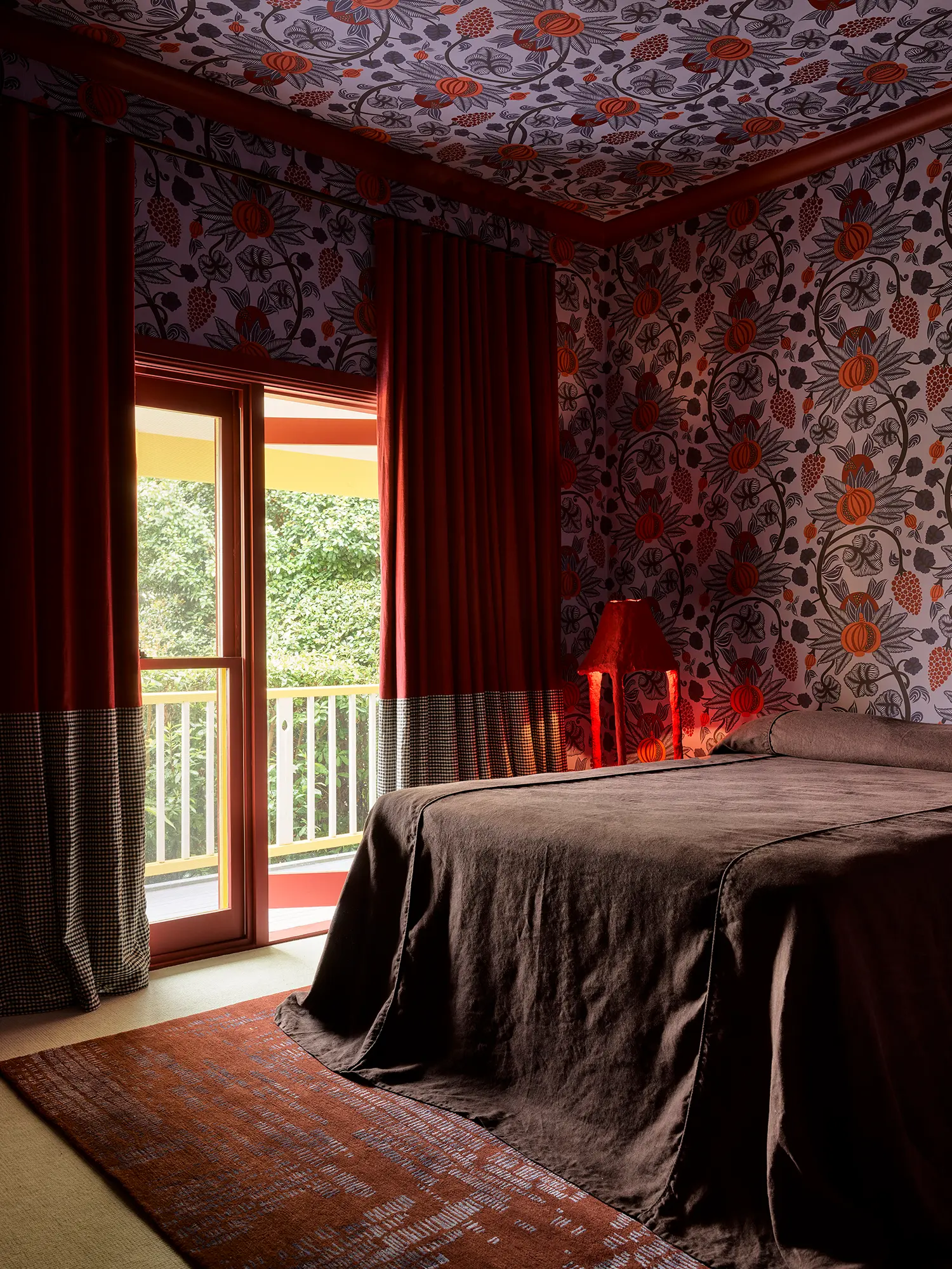 Plantasia YSG Studio New South Wales bedroom merlot floral wallpaper ceiling wallpaper mismatch velvet curtains red lamp dark linen