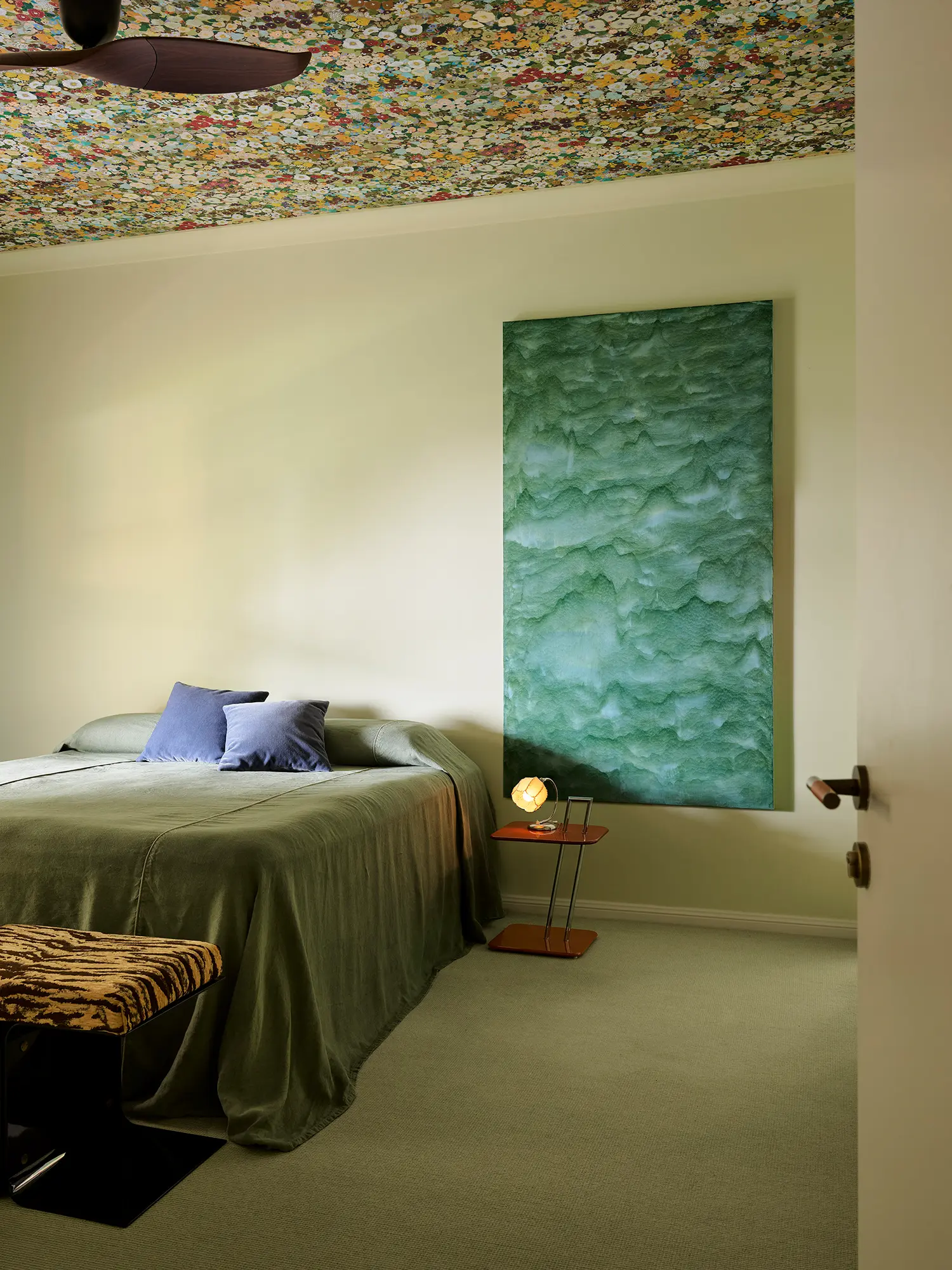 Plantasia YSG Studio New South Wales children bedroom floral ceiling wallpaper sage green walls abstract artwork sage carpet