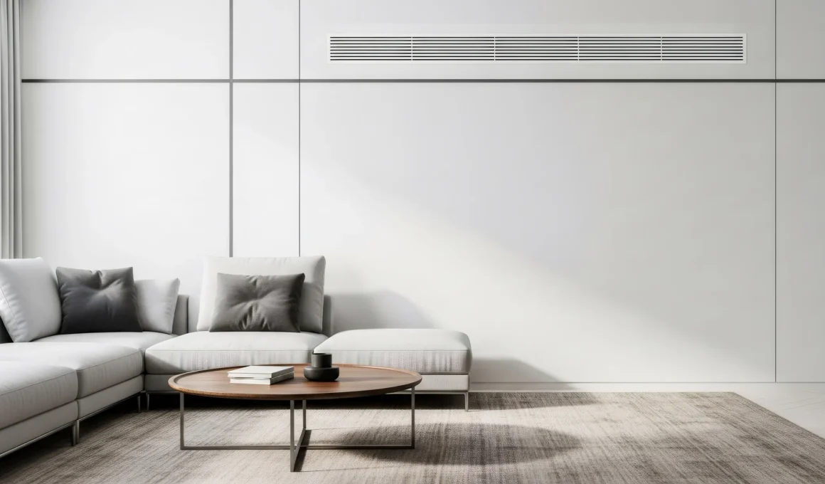 Modern living room with integrated linear HVAC diffuser flush-mounted in white wall panel, minimal interior, sectional sofa, wood coffee table
