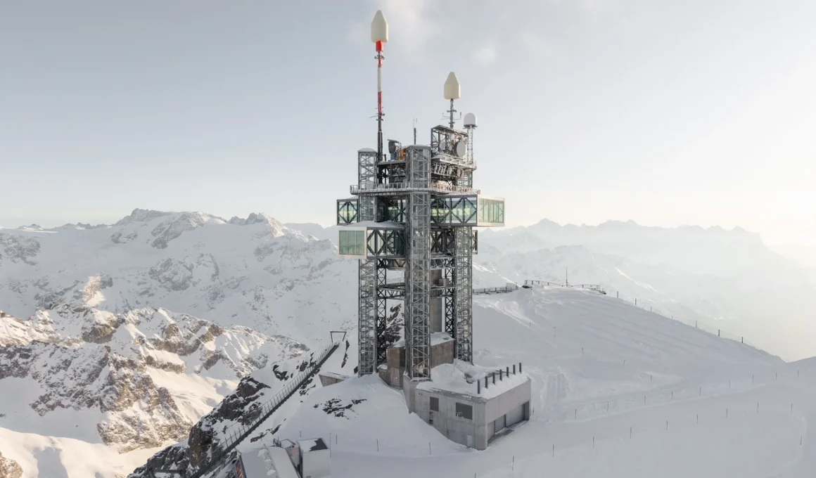 TITLIS Tower Herzog de Meuron aerial view Engelberg Switzerland galvanized steel cross cantilever alpine summit 3020m winter