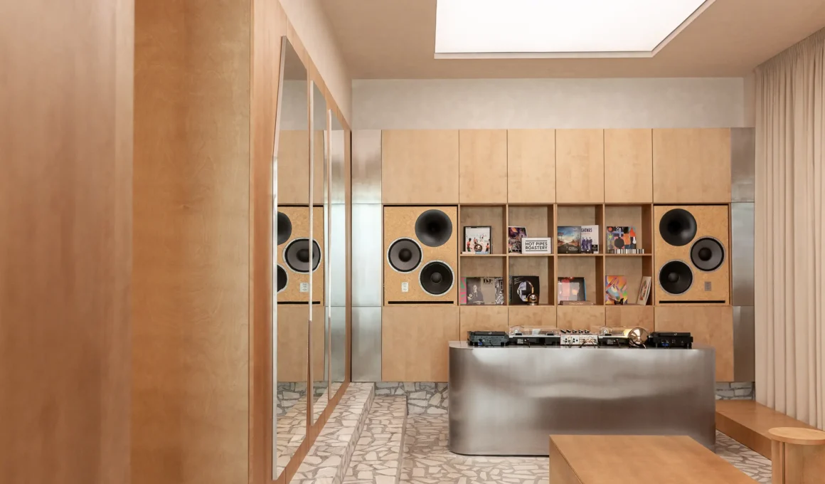 ukyo X listening bar Cluj-Napoca Maria Schunn H.A.N.D. HI FI speaker wall veneer cabinetry stainless steel DJ console mosaic floor