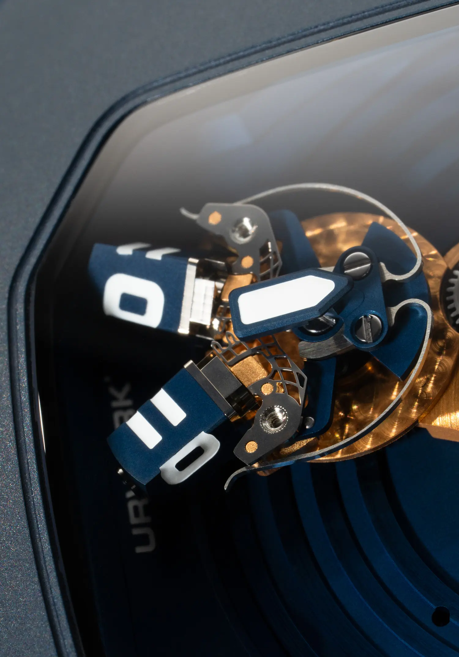 URWERK UR-120 Blue Planet Vulcan salute complication detail, satellite arms open in V formation, blue ALD-treated arms, gold PVD carousel components