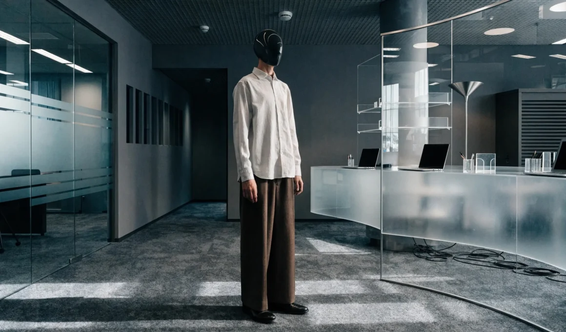 Faceless businessman in helmet standing in modern office, symbolizing AI readiness and business integration challenges
