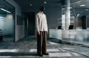 Faceless businessman in helmet standing in modern office, symbolizing AI readiness and business integration challenges