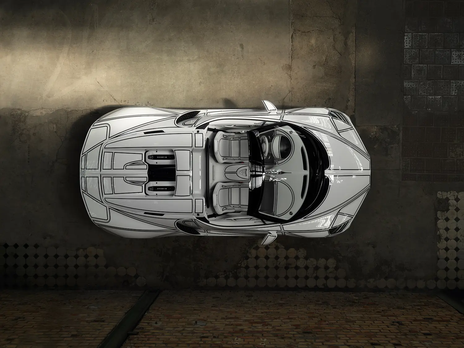 Bugatti W16 Mistral 'Blanc Éternel', overhead top-down view, full white bodywork revealing complete black NURBS line pattern