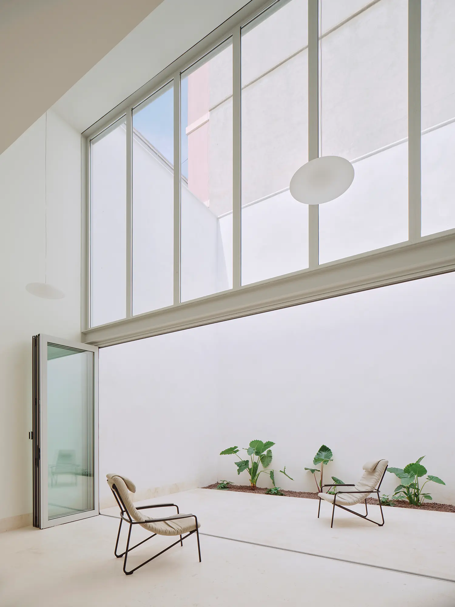 Courtyard of Casa Nido by Iterare Arquitectos, tall glazed wall, two lounge chairs and a planting bed against a white perimeter wall