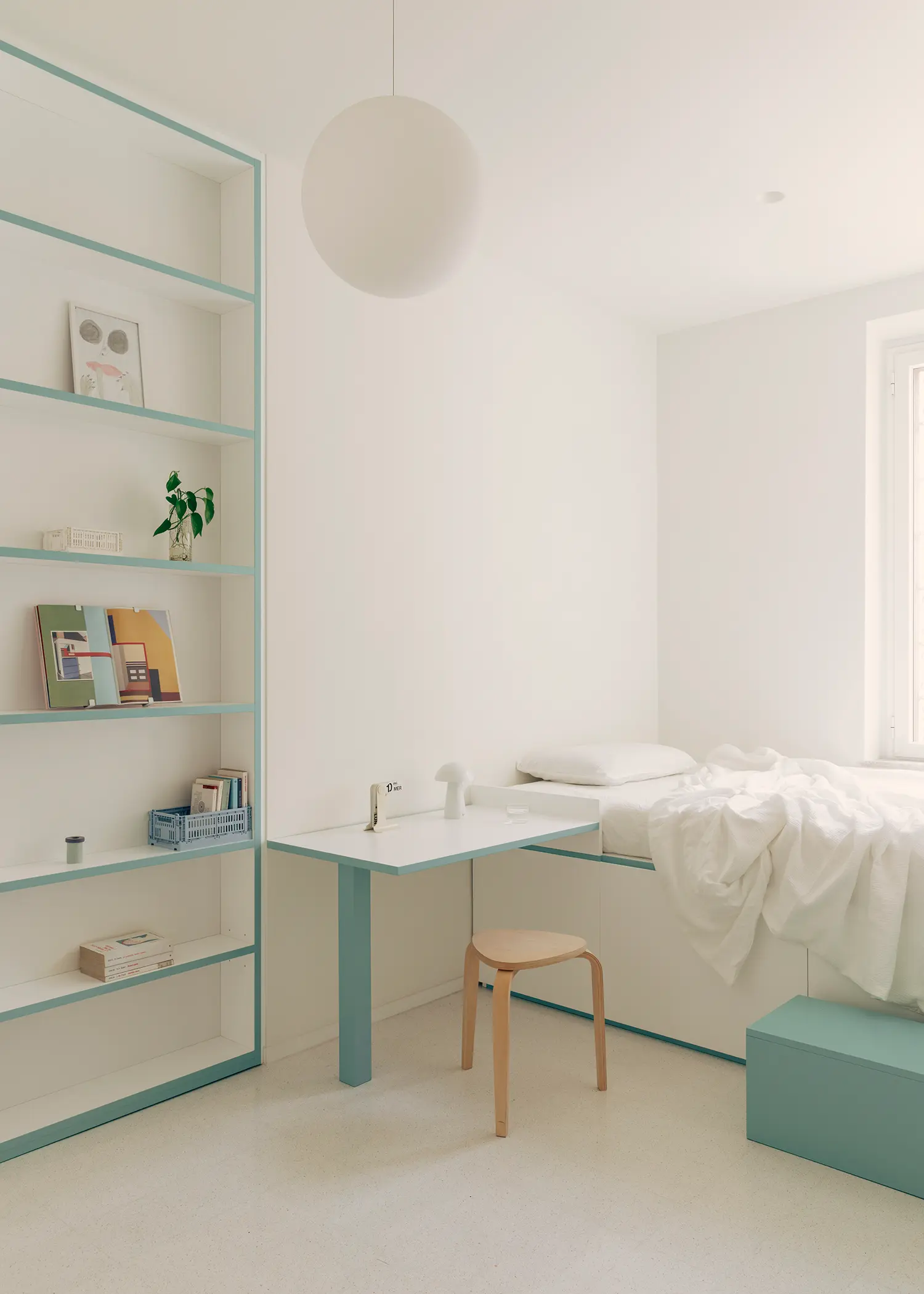 Casa Tahiti by Margine, blue annex bedroom, custom powder-blue desk, Glo-Ball pendant lamp