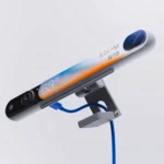 Angled render of IRIS concept webcam showing full illuminated display strip with weather and clock widgets by Connor Grady