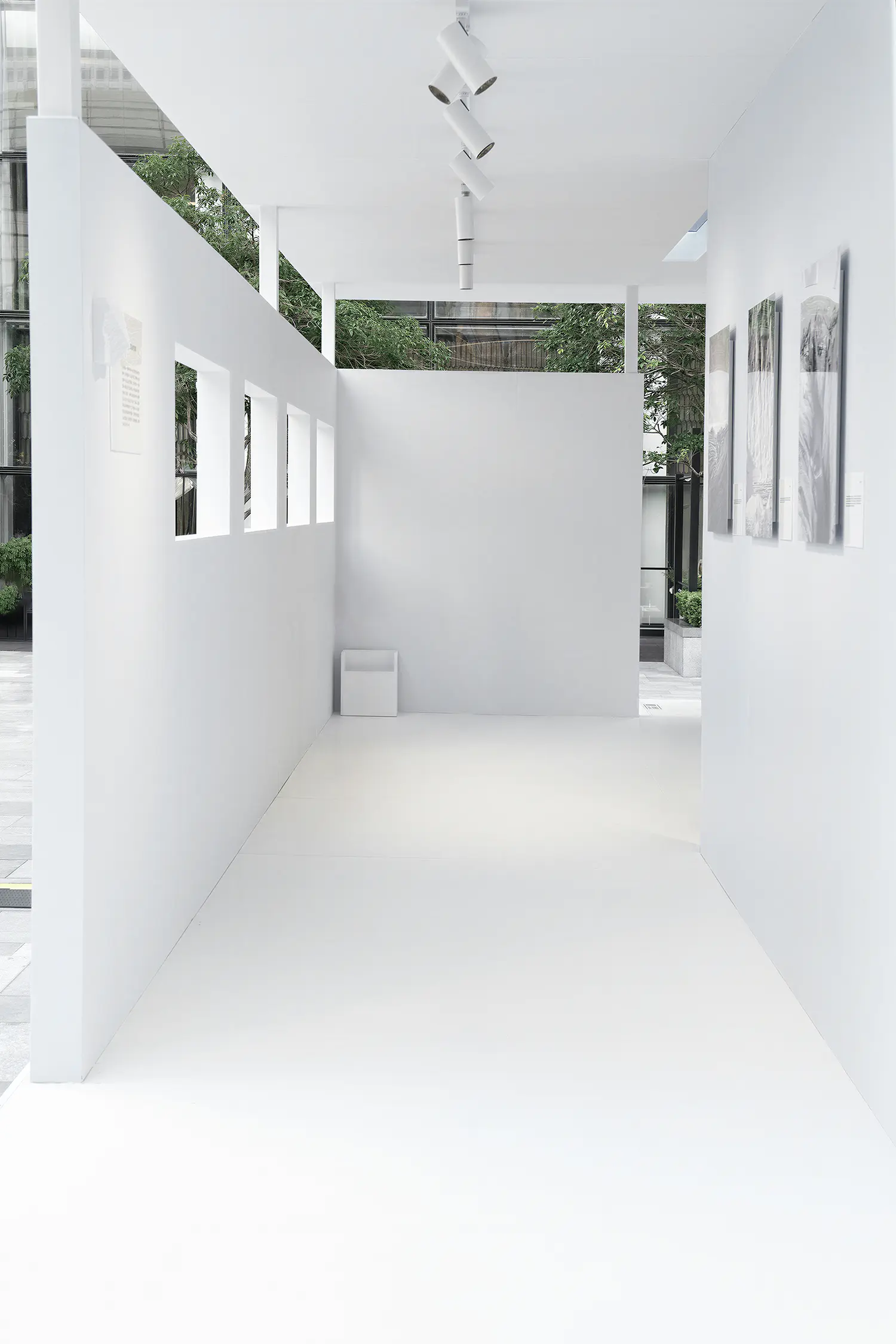 Interior of the Resonance of the Extremes exhibition by Dayuan Design, white gallery walls with framed polar photographs and window cuts