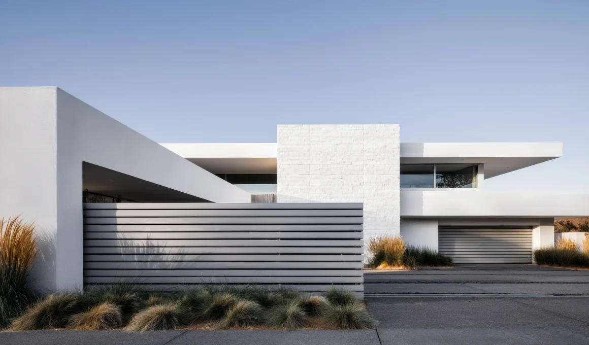 Modern white house with horizontal slat fence matching the garage door's linear pattern and desert landscaping