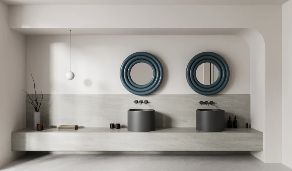 Double-sink bathroom vanity with matching cylindrical basins, wavy blue-framed round mirrors, and a light stone countertop
