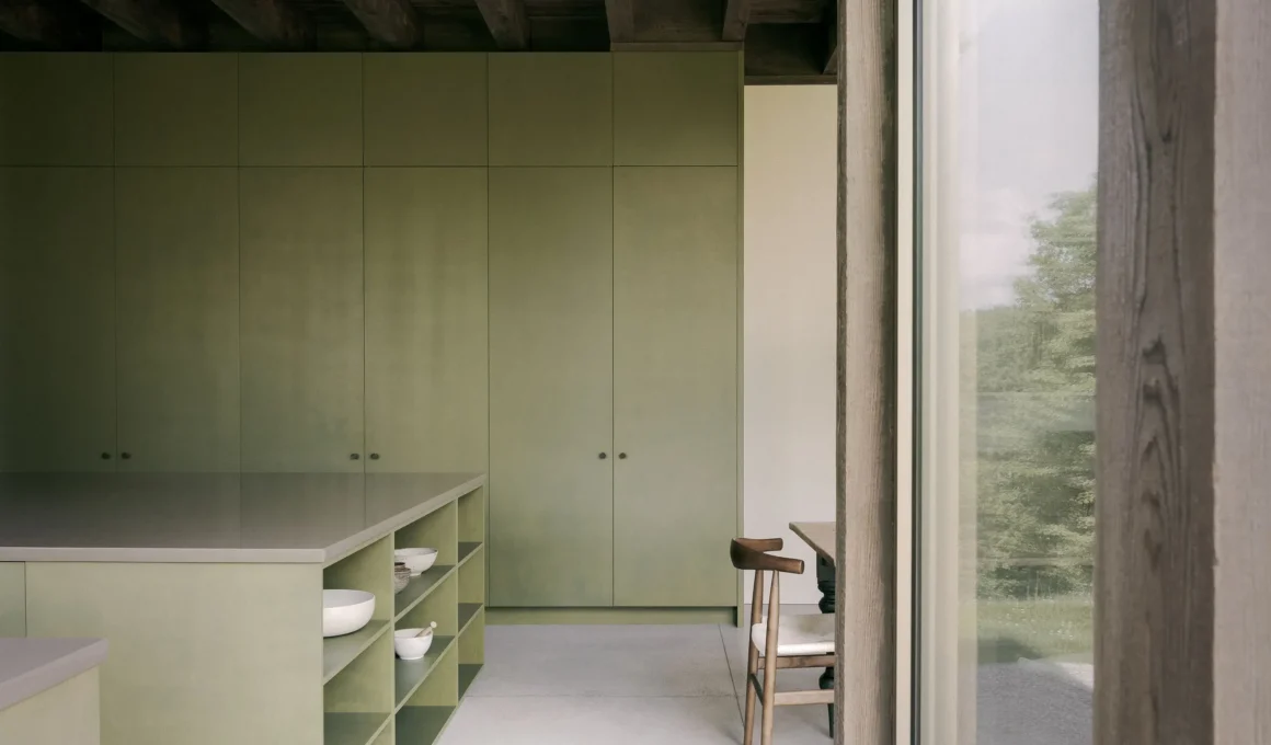 SONO Residence kitchen by Atelier Carle, Wentworth-North, Quebec — olive green cabinetry, oak island, timber ceiling