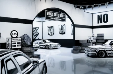 Joshua Vides Flat Out exhibition at Petersen Automotive Museum, Vides Auto Body archway, hand-painted vehicles and gas station props