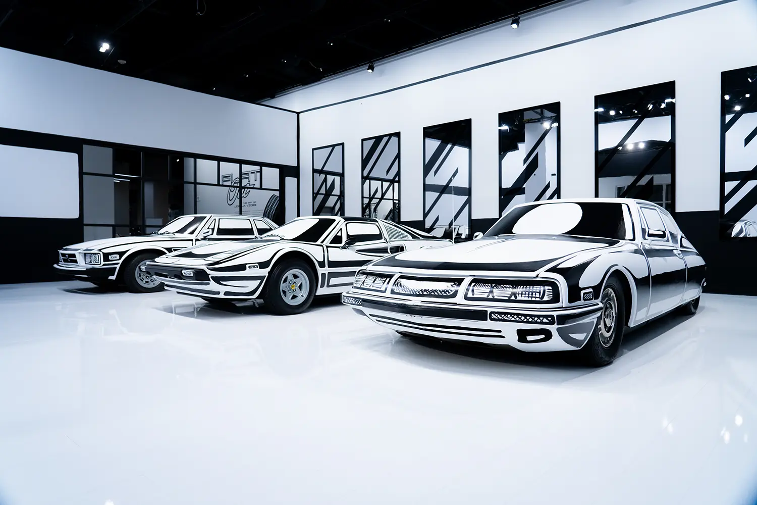 Three hand-painted vehicles at Joshua Vides Flat Out exhibition, front three-quarter view, reflective gallery floor