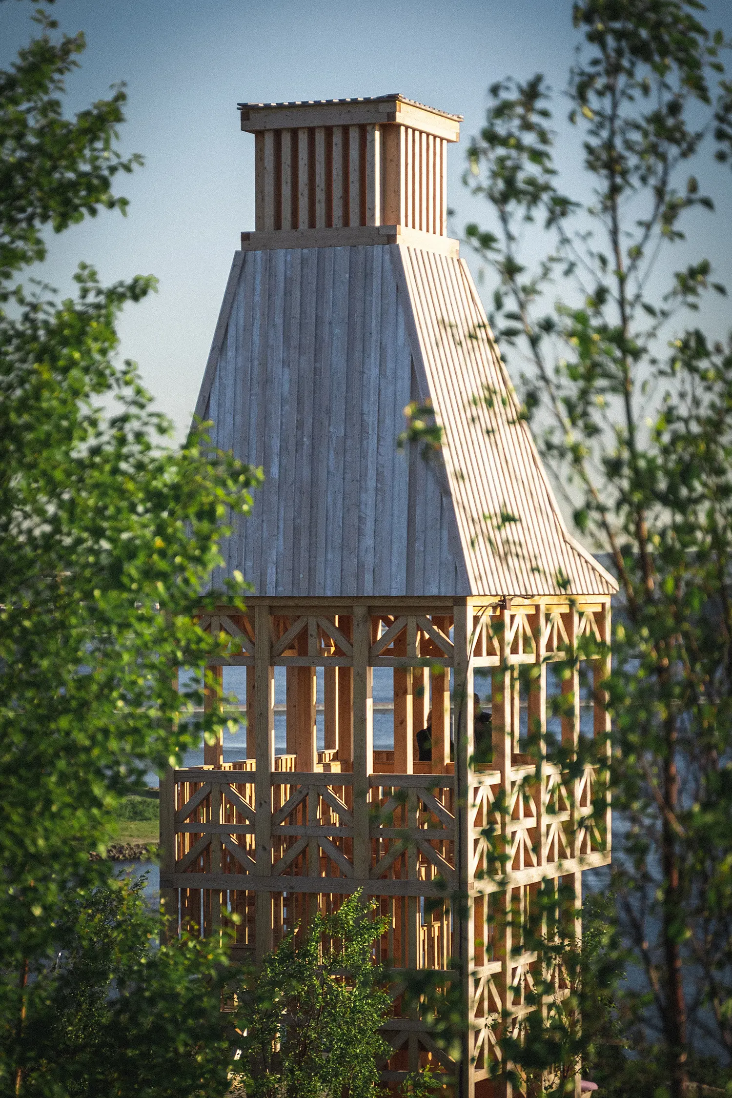 Kola Bay Lighthouse Viewpoint, close-up of tapered timber upper section framed by birch trees