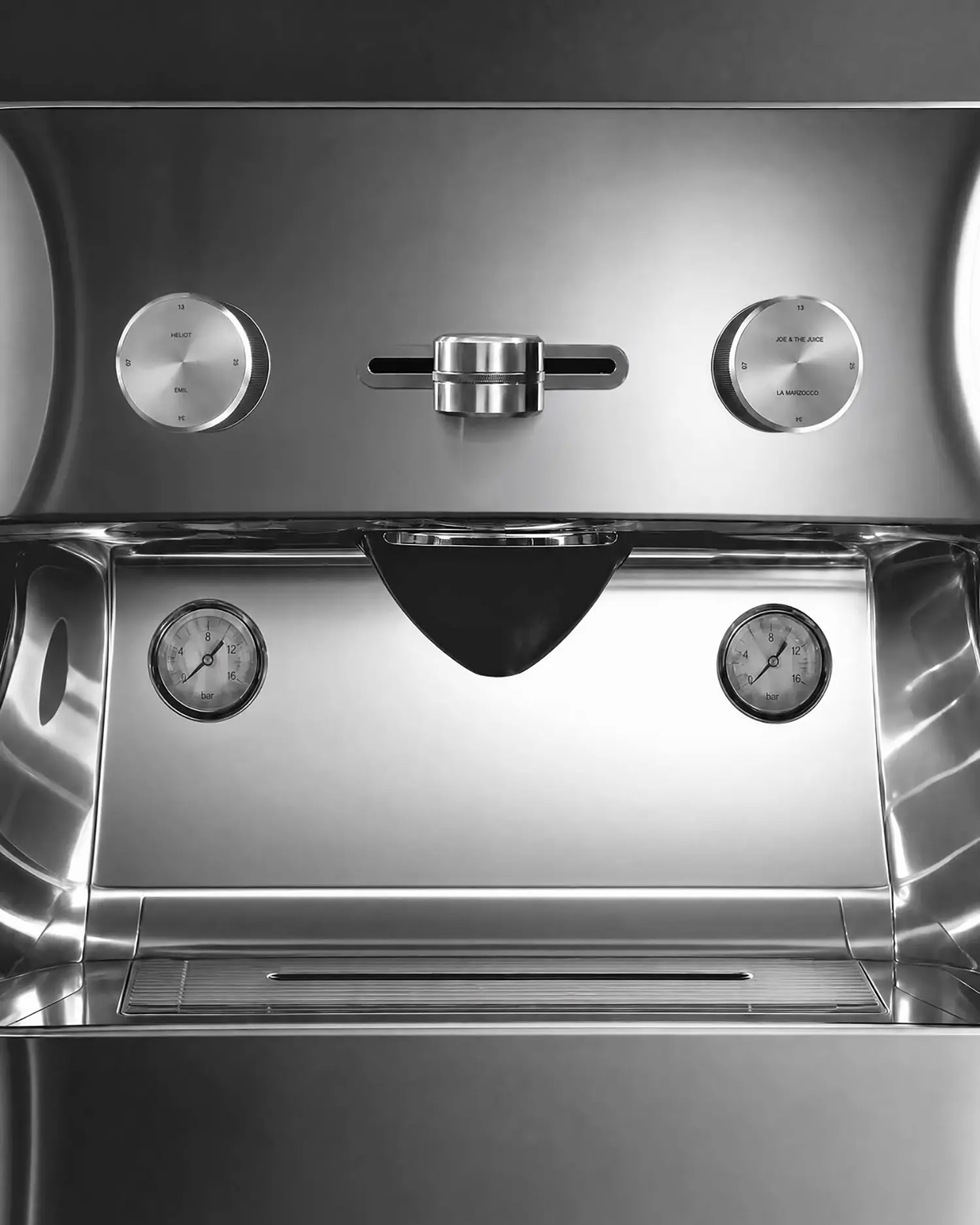 La Marzocco Linea Mini by CALIPER, top-down detail of dual control knobs, central lever, black portafilter, twin bar gauges and drainage grille
